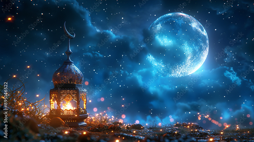 Eid mubarak islamic night lantern with moon, ramadan, Eid al Adha celebration banner Eid mubarak islamic night lantern with moon, ramadan, Eid al Adha celebration banner