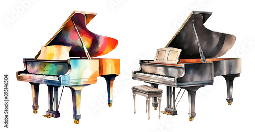 Classical Grand Piano, watercolor clipart illustration with isolated background.