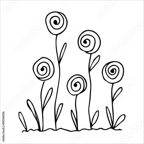 hand drawn wildflowers flower bed, monochrome, black and white