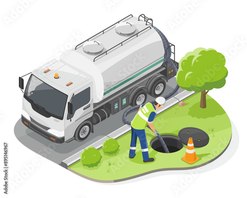 drainage Sewerage Maintenance utilities worker emptying household septic tank cleaning sludge from septic system friendly concept isometic isolated illustration