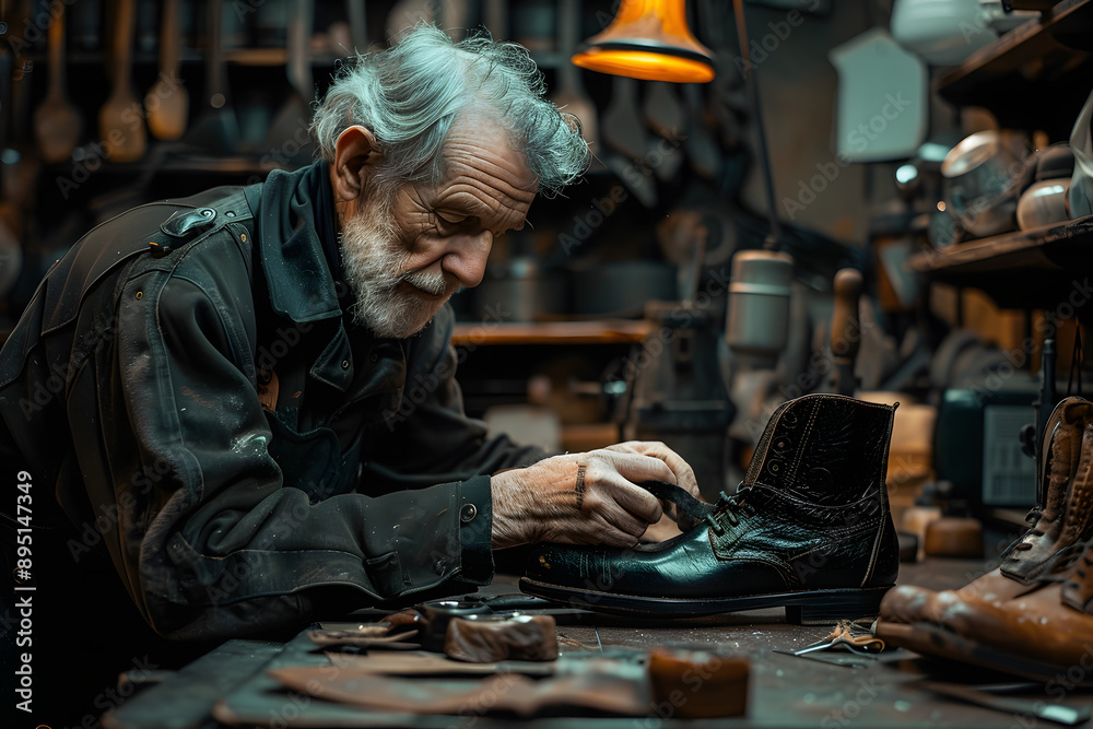 Shoemaker fixing shoes in his workshop full of shoemaking tools Shoemaker fixing shoes in his workshop full of shoemaking tools