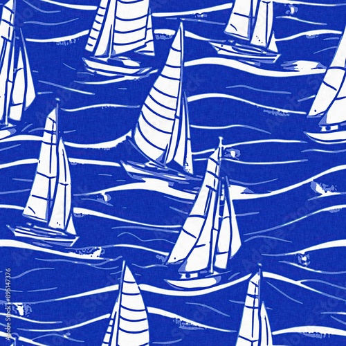Coastal sail boat in azure ocean blue seamless background, Modern sailing race boat block print for decorative coast interior furnishing fabric . Rustic linen beach cottage trend tile. 