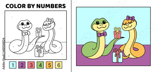 Color by number. Two snakes give each other gifts. Coloring page. Game for kids. Cartoon, vector.