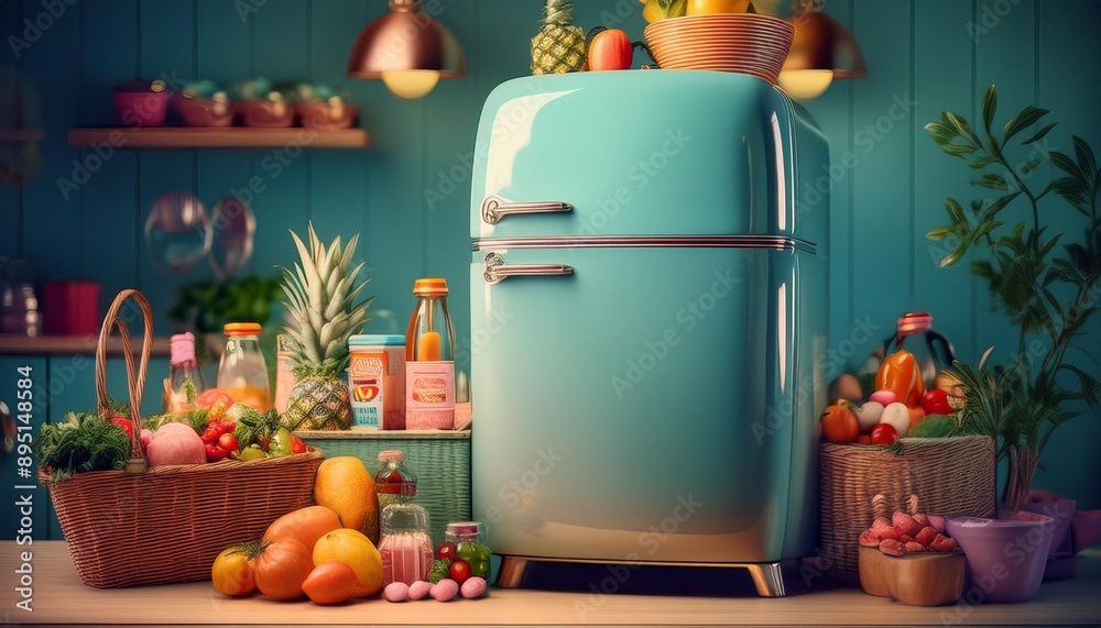 Retro style refrigerator and groceries Retro style refrigerator and groceries