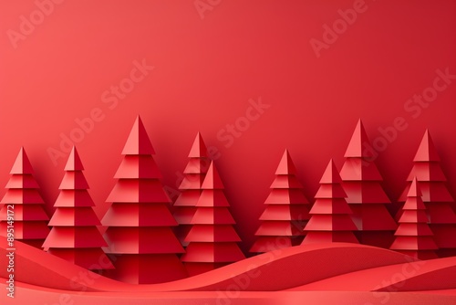 Wallpaper Mural Minimalist red background with 3D geometric Christmas trees creating a festive holiday scene Torontodigital.ca