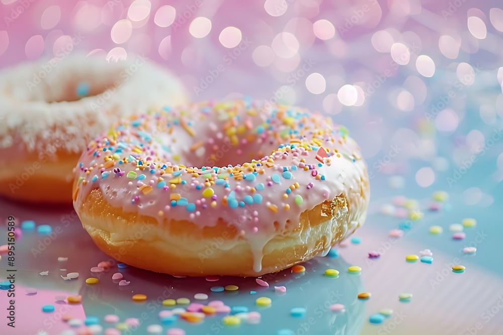 Glazed donuts with colorful toppings on a shiny surface