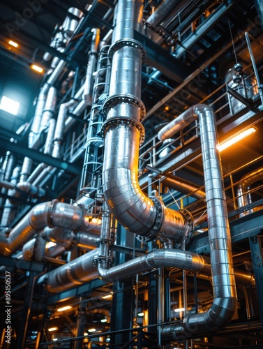 A complex network of pipes and machinery inside an industrial facility. AI.
