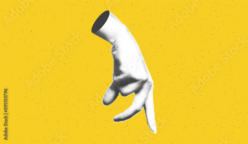 Collage element of halftone hand with walking fingers gesture against bold yellow textured background with copy space. Cut out of magazine shape. Grunge modern retro vector illustration