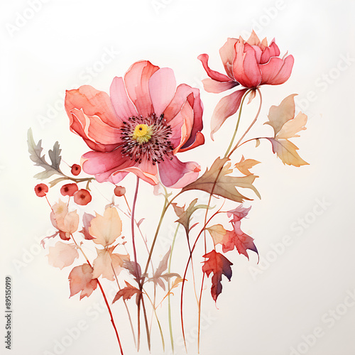 Bouquet of watercolor poppies flowers isolated on white background 