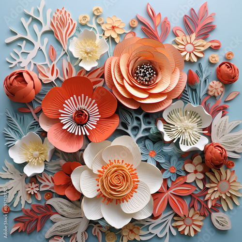 3d bouquet of paper cut flowers on blue background