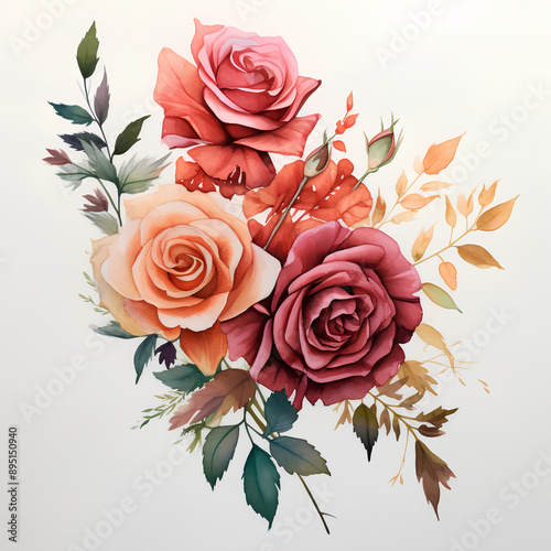 Bouquet of watercolor roses isolated on white background 