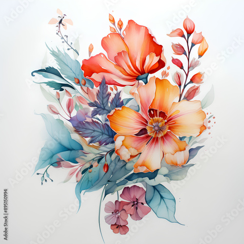 Bouquet of watercolor flowers isolated on white background 
