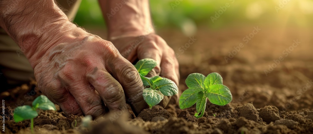 Hands carefully planting seedlings in the ground. AI. Hands carefully planting seedlings in the ground. AI.