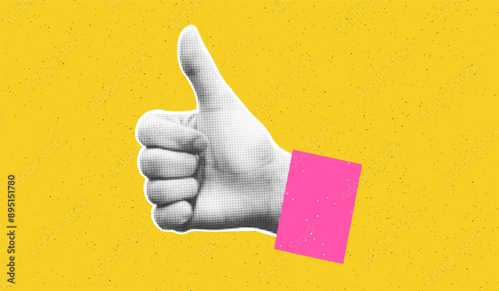 Collage element of halftone hand with thumb up against bold yellow ...