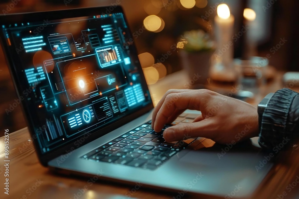 Close-up Of A Person's Hand Using AI powered holographic screens to conduct online banking on a futuristic laptop. Close-up Of A Person's Hand Using AI powered holographic screens to conduct online banking on a futuristic laptop.