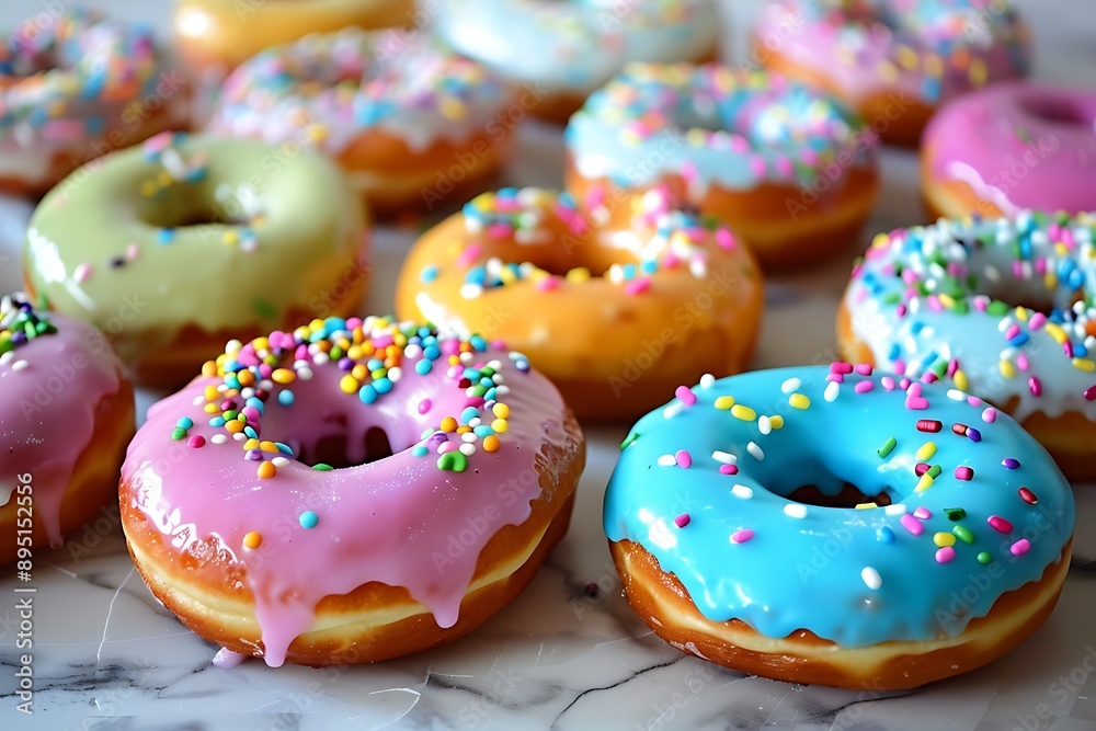 Glazed donuts with colorful toppings on a shiny surface