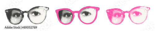 Female eyes wearing eyeglasses halftone collage elements. Monochrome and pink colored cut out from magazine stickers. Confident businesswoman, smart student. Grunge modern retro vector illustration