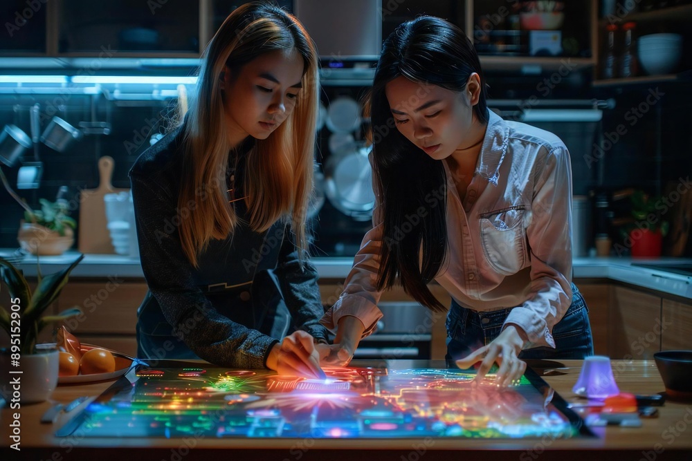 Fototapeta premium Two beautiful architects using holographic screens to collaborate on color selection for a futuristic kitchen design.