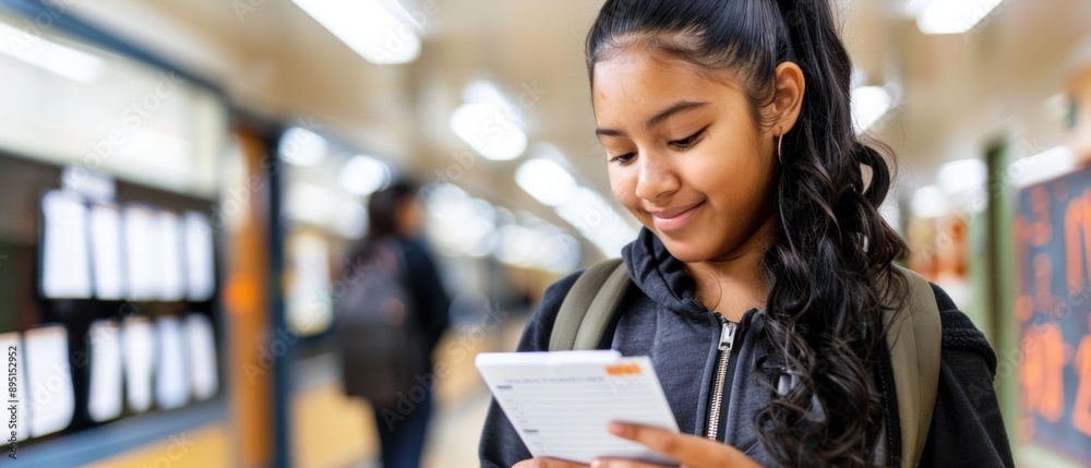 A young woman checks her schedule while walking through a school hallway. AI. A young woman checks her schedule while walking through a school hallway. AI.