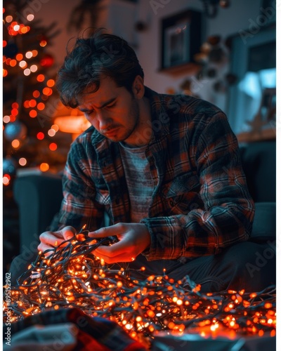 A man struggles to untangle Christmas lights. AI. photo