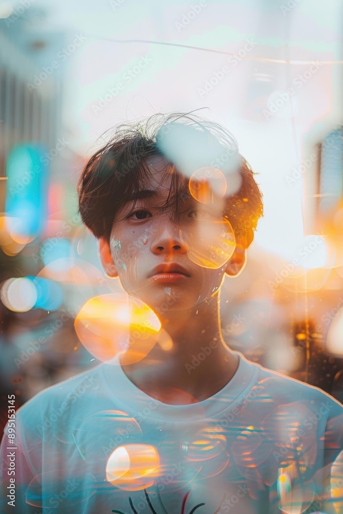 A young man stares intensely through a blurry background of city lights. AI. A young man stares intensely through a blurry background of city lights. AI.