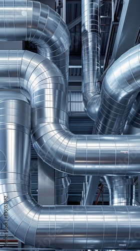 A network of large metal pipes in a factory. AI.