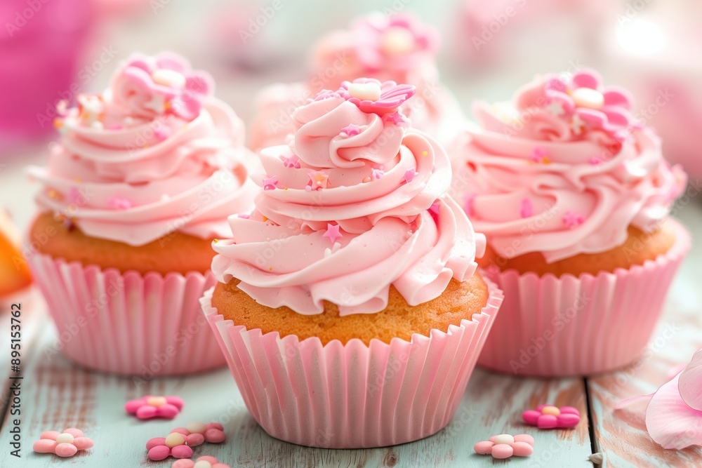 Delicious pink cupcakes with sprinkles on rustic wooden table Delicious pink cupcakes with sprinkles on rustic wooden table