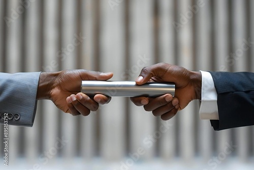 diverse pair of beautiful businessmen in sleek, modern attire pass a gleaming holographic relay baton as a symbol of teamwork and innovation in the future of business.