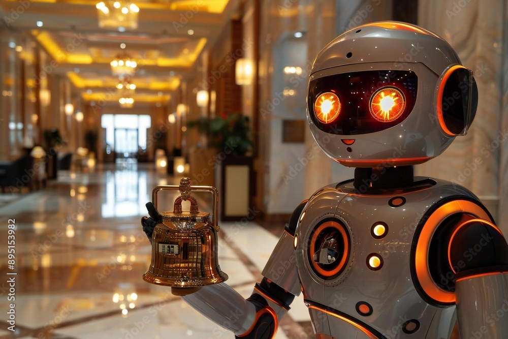 Close-up of a robot concierge holding a holographic service bell in a futuristic hotel lobby. Close-up of a robot concierge holding a holographic service bell in a futuristic hotel lobby.