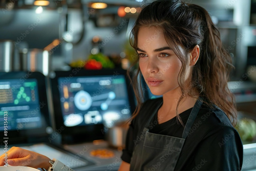 Futuristic AI robot chef assisting a beautiful young woman in a modern kitchen with holographic screens and safety protocols activated. Futuristic AI robot chef assisting a beautiful young woman in a modern kitchen with holographic screens and safety protocols activated.