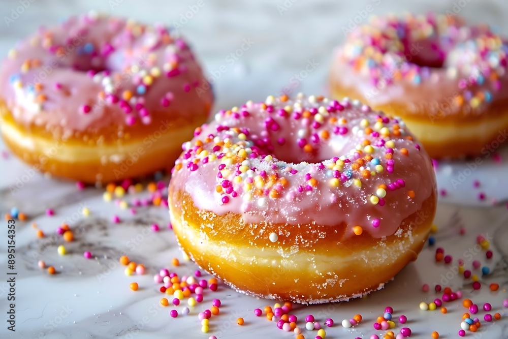 Glazed donuts with colorful toppings on a shiny surface Glazed donuts with colorful toppings on a shiny surface