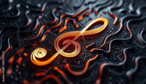 Abstract 3D rendering of a glowing treble clef on a metallic background.