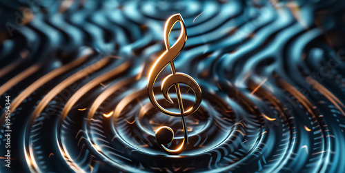 Glowing 3D treble clef surrounded by sound waves, 3D background music, elegant and striking
