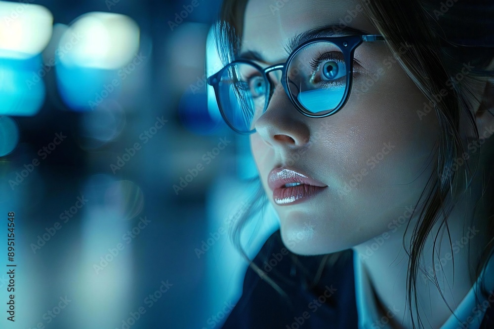 beautiful businesswoman with eyeglasses engages in a holographic video conference with her colleagues through AI technology in a futuristic office setting. beautiful businesswoman with eyeglasses engages in a holographic video conference with her colleagues through AI technology in a futuristic office setting.