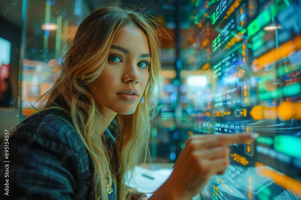 Close-up of a beautiful businesswoman using AI technology to digitally transfer funds to her colleague's holographic screen at a futuristic workplace.