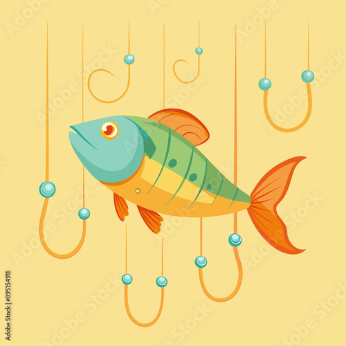 Fish swim and see many fishing hooks. Vector illustration