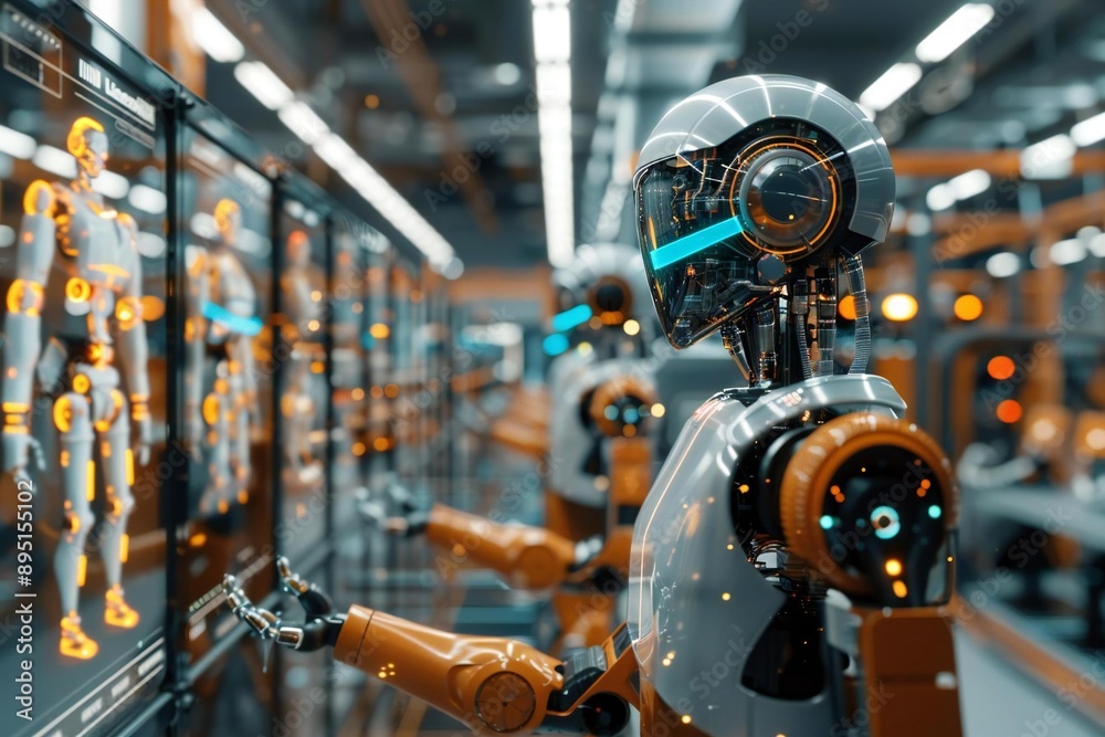 Fototapeta premium Close-up of AI-generated holographic screen projecting images of diverse robot models in a modern tech lab.