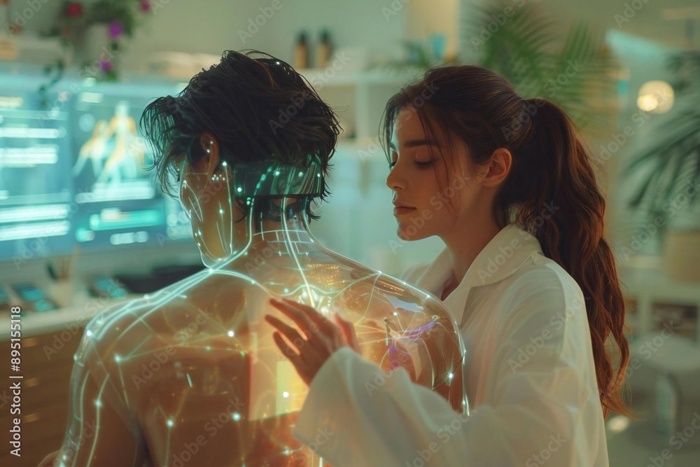 © Yuliia - At a futuristic wellness center, an AI-powered female therapist uses holographic screens to guide her as she places transparent glass cups on a beautiful man's back © Yuliia - At a futuristic wellness center, an AI-powered female therapist uses holographic screens to guide her as she places transparent glass cups on a beautiful man's back