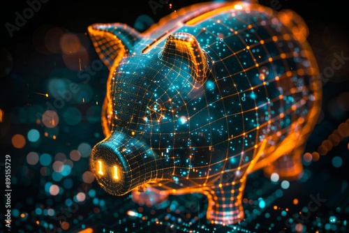Closeup of a holographic piggybank with glowing plug on a futuristic digital screen against a sleek black background, symbolizing the integration of AI technology into personal finance