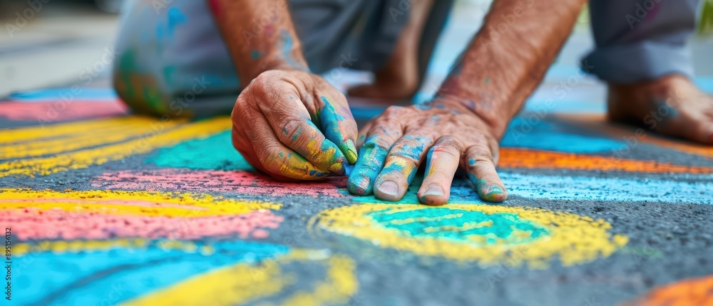 A creative sidewalk chalk art session with vibrant designs, banner, with copy space A creative sidewalk chalk art session with vibrant designs, banner, with copy space