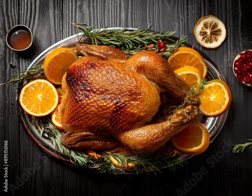 A beautifully roasted Thanksgiving turkey with crispy skin, garnished with rosemary