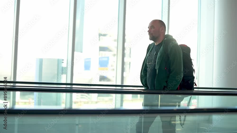 A traveler with a backpack stands on a moving walkway inside an airport terminal, looking ahead as they prepare for their journey. High quality 4k footage A traveler with a backpack stands on a moving walkway inside an airport terminal, looking ahead as they prepare for their journey. High quality 4k footage