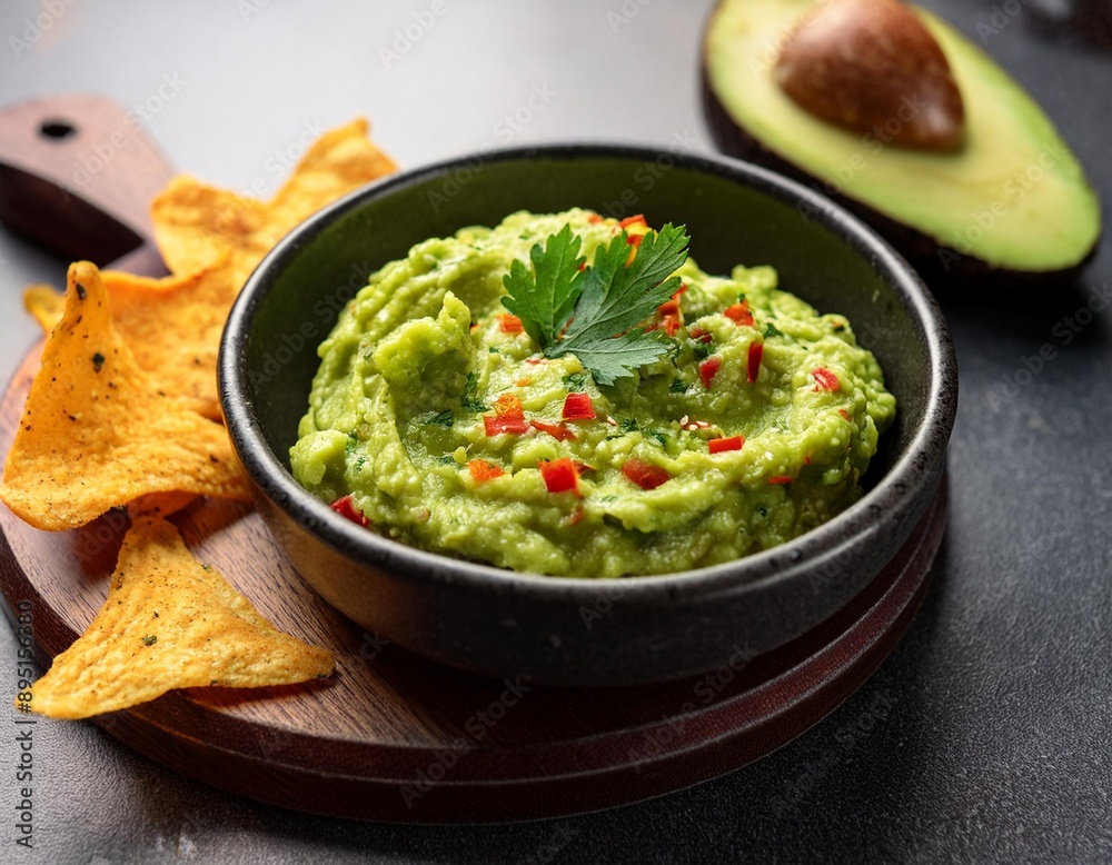 A bowl of homemade guacamole with tortilla chips and a sprinkle of cilantro A bowl of homemade guacamole with tortilla chips and a sprinkle of cilantro