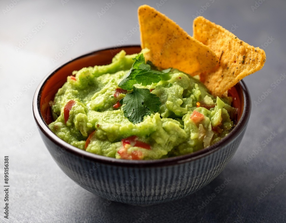 A bowl of homemade guacamole with tortilla chips and a sprinkle of cilantro A bowl of homemade guacamole with tortilla chips and a sprinkle of cilantro