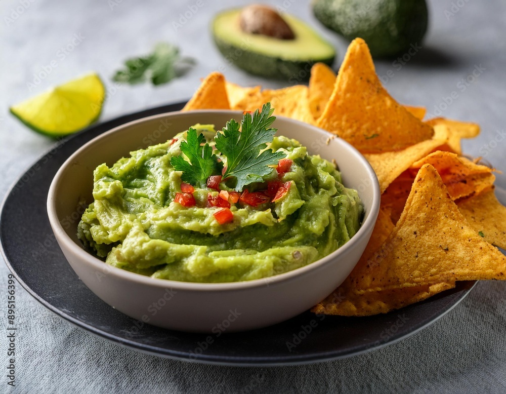 A bowl of homemade guacamole with tortilla chips and a sprinkle of cilantro A bowl of homemade guacamole with tortilla chips and a sprinkle of cilantro