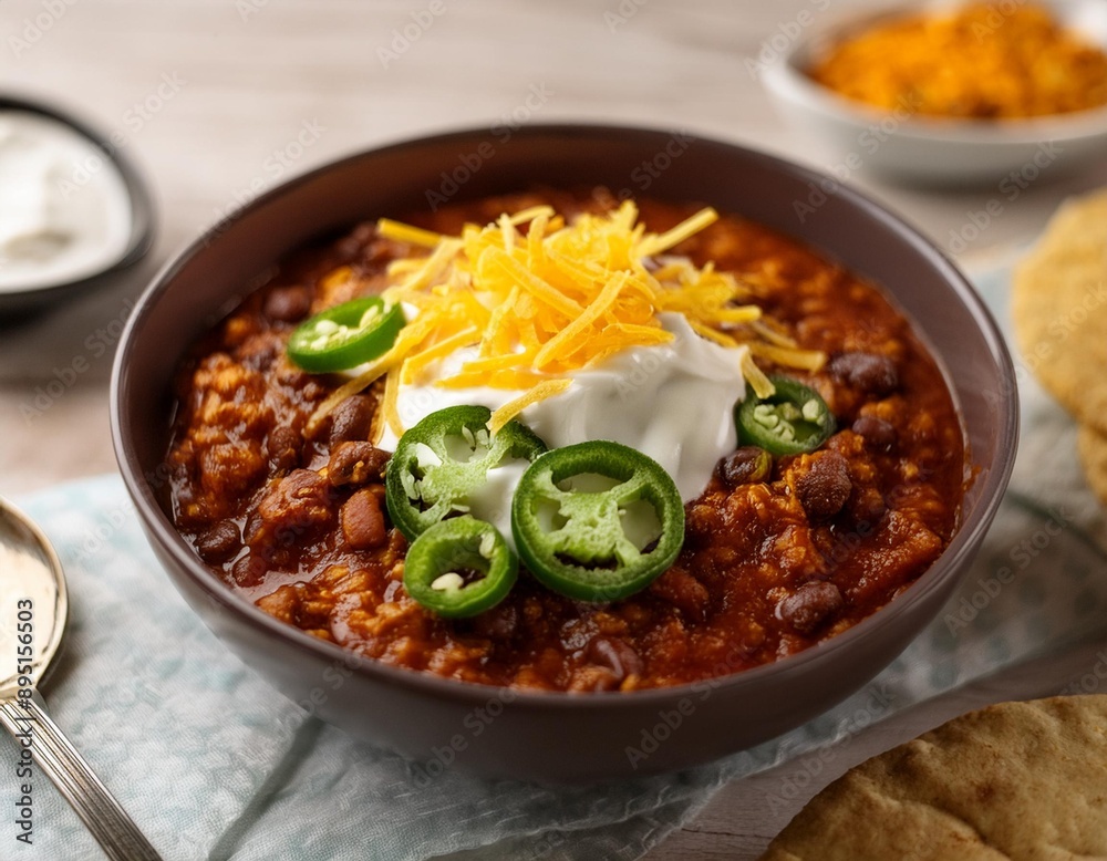 A bowl of spicy chili con carne topped with sour cream, shredded cheese, and jalapeño slices A bowl of spicy chili con carne topped with sour cream, shredded cheese, and jalapeño slices