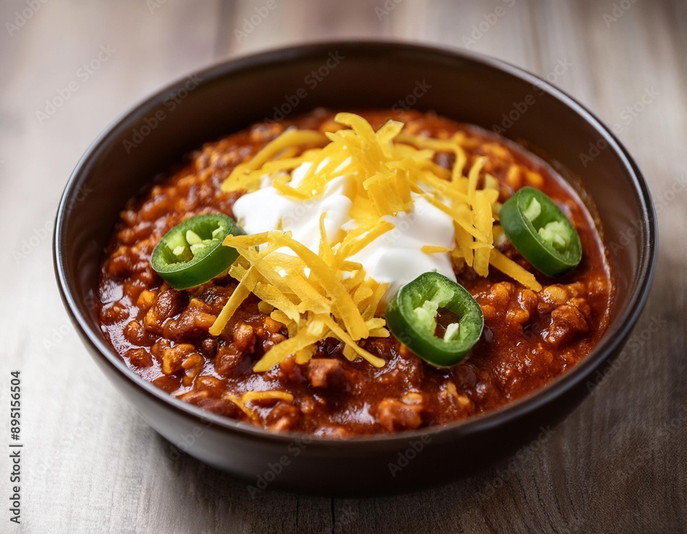 A bowl of spicy chili con carne topped with sour cream, shredded cheese, and jalapeño slices A bowl of spicy chili con carne topped with sour cream, shredded cheese, and jalapeño slices