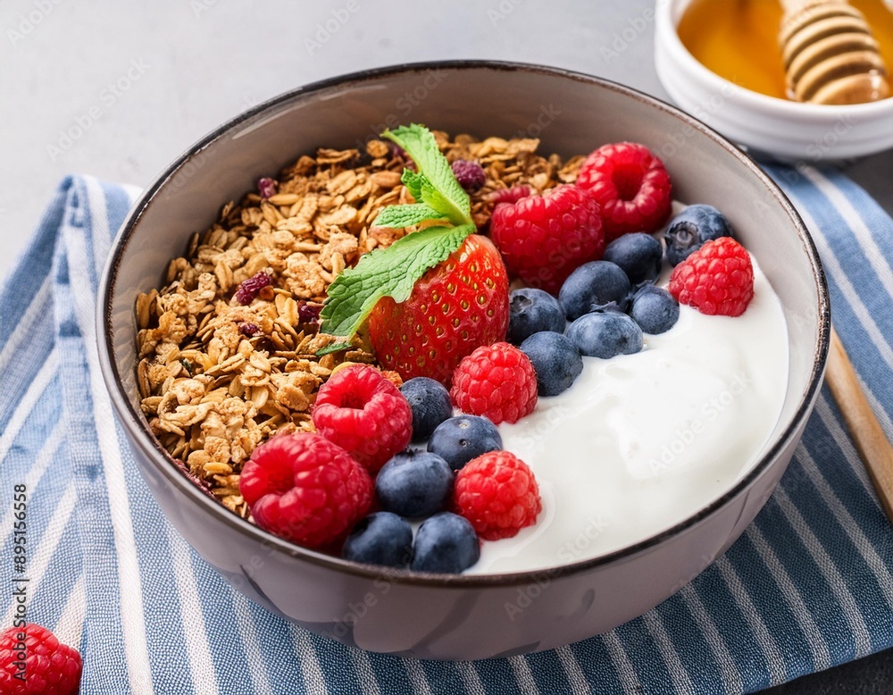 A breakfast bowl with Greek yogurt, honey, granola, and fresh mixed berries. A breakfast bowl with Greek yogurt, honey, granola, and fresh mixed berries.
