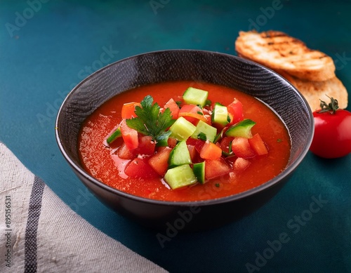 A bowl of vibrant gazpacho, garnished with diced cucumber, bell pepper, and a drizzle of oli photo