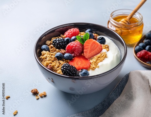 A breakfast bowl with Greek yogurt, honey, granola, and fresh mixed berries.